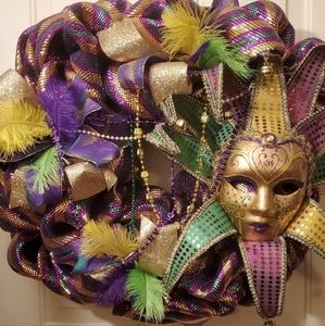 Madi Gras Wreath with beads and a mask mardi gras let the good times roll